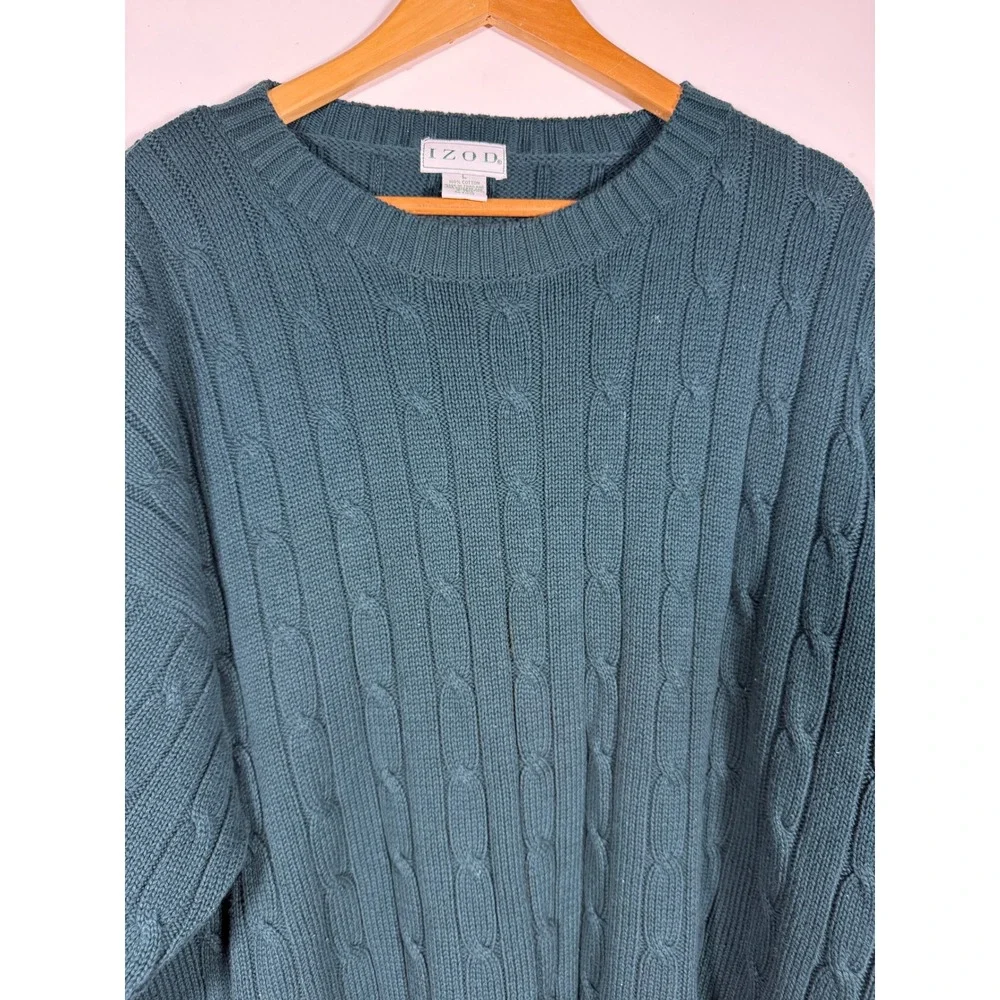 Izod Mens Cable Knit Crewneck Sweater Teal Green 100% Cotton L Vintage Style